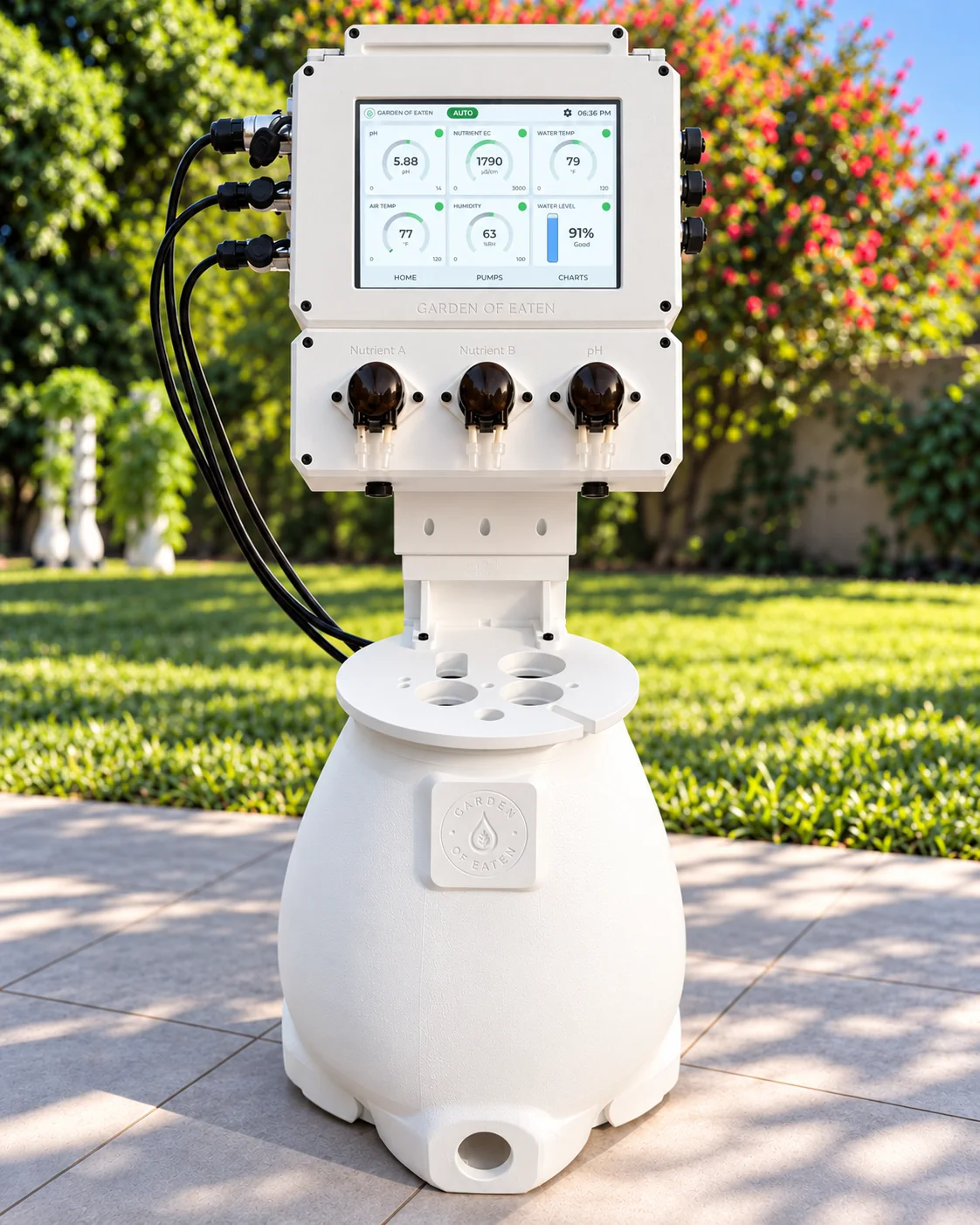 The controller on its reservoir: touchscreen and three dosing pumps