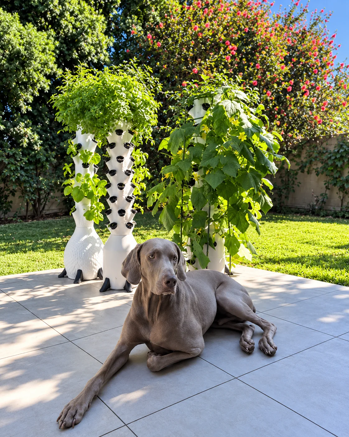 Two Garden of Eaten towers on a patio in morning light, one heavy with cucumber vines, a Weimaraner lying in front of them